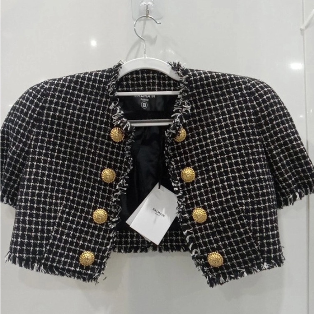 Balmain Gingham Tweed Cropped Jacket New